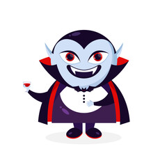Cartoon Dracula vampire character with a glass of blood. Dracula icon. Vector illustration