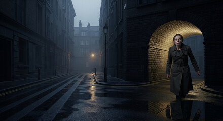 A frightened woman walks into an arch on a dark city street