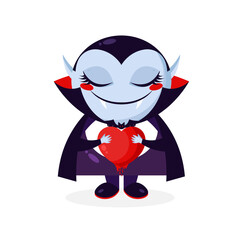 Cute cartoon Dracula vampire with a bloody heart. Dracula character in love. Vector illustration