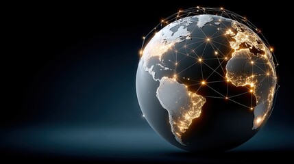 A digital map shows global connections through glowing lines, highlighting the interaction among continents and countries