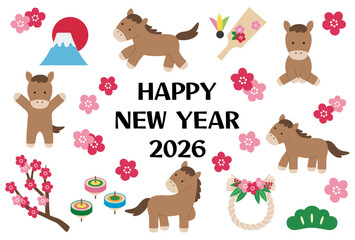 午年の年賀状のベクターイラスト。2026年、馬、かわいい、正月
