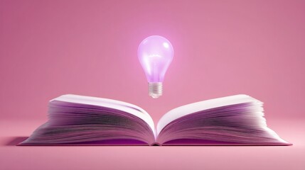 A floating pink light bulb illuminates an open book against a matching pink backdrop,