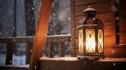 Lantern on a snowy porch glowing warmly during a winter snowfall night. - Powered by Adobe
