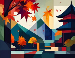 Generated image　幾何学的アートで表現された紅葉と寺院