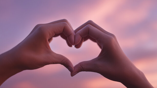 Hands forming heart shape against pink sunset sky.
