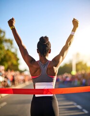 Runner crossing the finish line with arms raised in victory