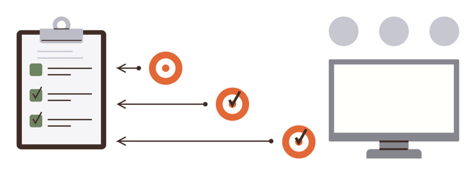 Checklist on clipboard linked with targeted goals and displayed on a computer monitor. Ideal for productivity, planning, goal setting, workflow, project management, organization, task prioritization