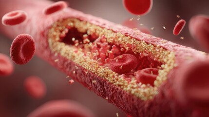 Fat and cholesterol in human blood vein concept. Detailed view of blood cells within a blood vessel.