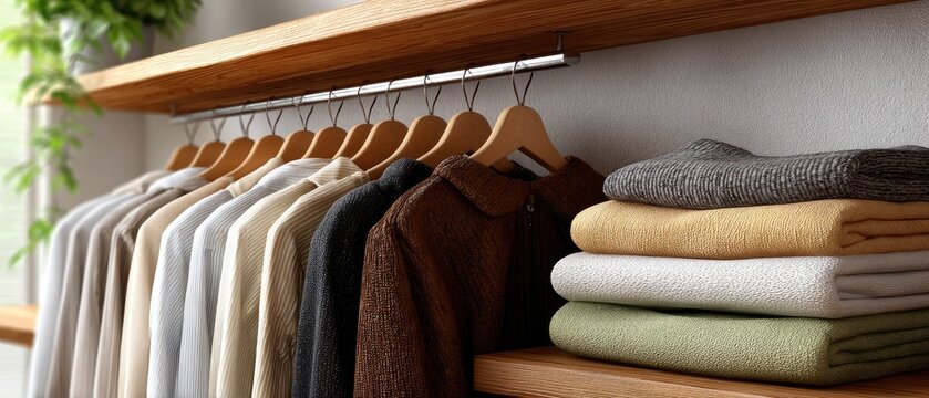 A chic array of winter coats hangs in a modern wardrobe, with neatly folded garments beneath, creating a cozy vibe