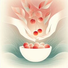 Minimalist vector of hands holding cherries in soft pastel tones. Elegant, modern, and poetic &mdash; inspired by Chinese art with flowing shapes and gentle summer harmony.