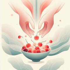 Minimalist vector of hands holding cherries in soft pastel tones. Elegant, modern, and poetic &mdash; inspired by Chinese art with flowing shapes and gentle summer harmony.