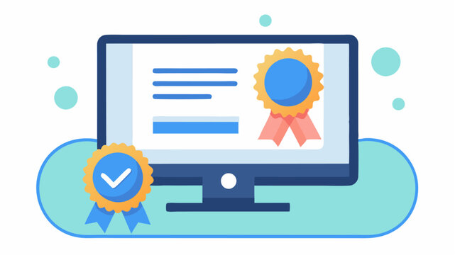 A digital badge and certificate on a monitor symbolizing attendee participation and achievement in a virtual conference. - Powered by Adobe