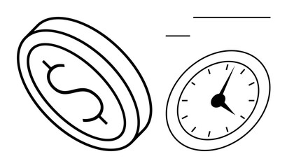 Coin featuring dollar sign and clock with minute markings. Ideal for finance, time management, productivity, cost analysis, business efficiency, saving goals, economic value. A simple flat metaphor