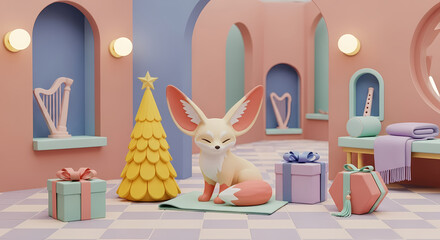 Fototapeta premium Whimsical fennec fox figurine with gifts and musical instruments in a dreamy pastel architectural setting