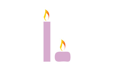Two lit purple candles one tall and one short stubby with flickering flames isolated on white background