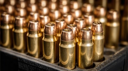 Close up view of arranged ammunition cartridges in a tray