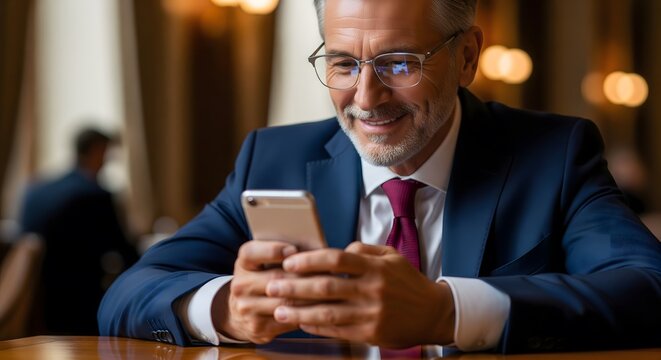 Successful mature businessman checks social media on mobile phone during break, staying connected with clients and colleagues