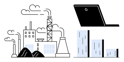 Factory emitting smoke alongside coal piles, bar chart highlighting performance data, and laptop implying data analytics. Ideal for industry, sustainability, technology, efficiency, growth, analysis
