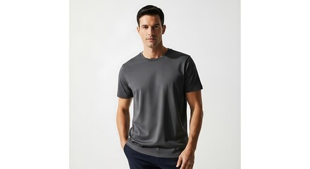 A man wearing a dark grey tshirt and navy pants, standing against a white background