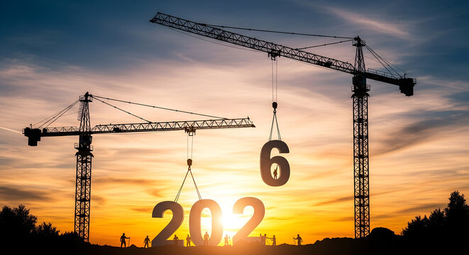 2026 construction cranes at sunset assembling the numbers 2026, representing building the future and progress towards the new year