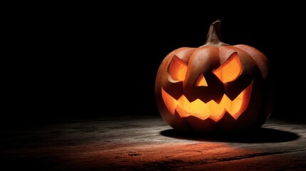 A carved pumpkin lantern glows with traditional Halloween features triangular eyes nose and jagged mouth sitting on a da