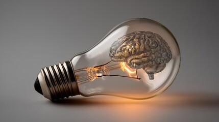 A transparent light bulb reveals an intricate human brain inside,