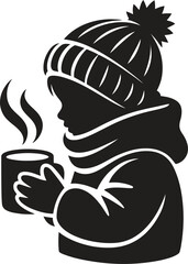 Silhouette of a child in winter clothes holding a steaming mug