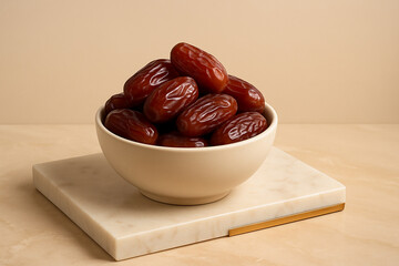 A white bowl overflowing with plump, dark brown dates, presented on a marbled slab on a beige background