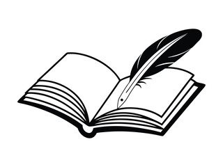 3d illustration of open book with a feather pen isolated on white background, symbolizing writing, literature, and education