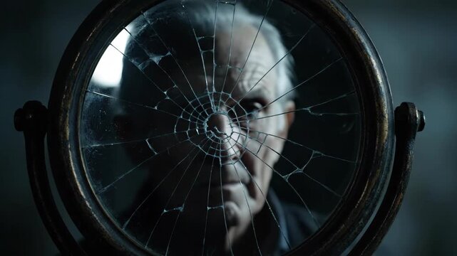 The somber face of an elderly man with white hair is seen reflected in a dark, shattered round mirror.