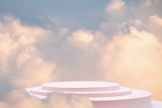 Minimal podium table top in outdoor on blue sky pink cloud background.Beauty cosmetic product placement pedestal modern stand display,surreal paradise dreamy concept.