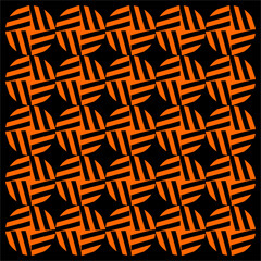 Repeating circular grids of orange stripes intersect across a black canvas, forming rhythmic patterns of symmetry, energy, and woven balance.