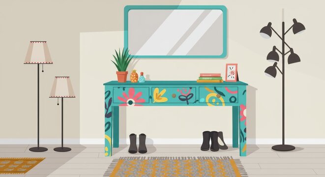 Stylish entryway with console table mirror lamps and boots illustration