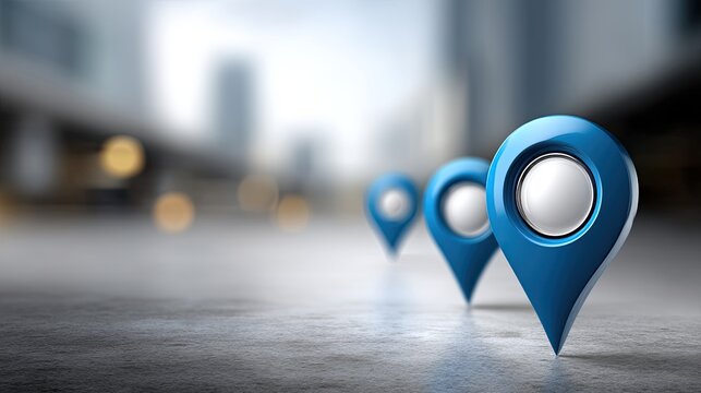 A vibrant city view highlights tall buildings adorned with bright red location markers, creating a lively and dynamic atmosphere