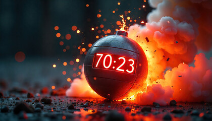 A bomb with the time 70:23 on it is exploding