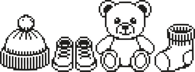 Cute baby winter clothing and teddy bear illustration in black and white