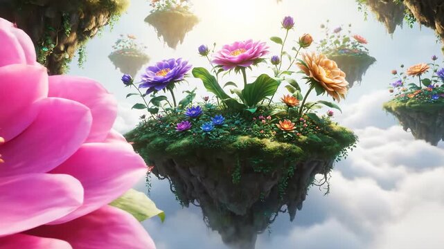 A surreal fantasy landscape featuring magical floating islands adorned with vibrant flowers high above the clouds