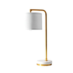 Gold-toned table lamp with white shade and marble base