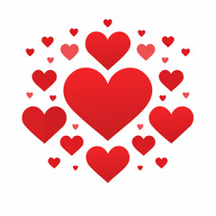 A vibrant arrangement of red hearts of various sizes, symbolizing love and affection, set against a clean white background.