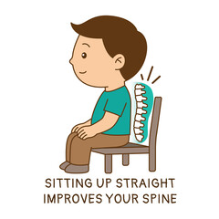 Man sitting up straight improves spine, illustration cartoon on white background