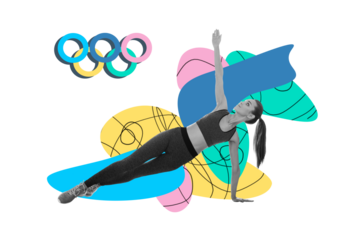 3d retro abstract creative artwork template collage of young female side plank olympic games sport event concept fantasy billboard comics