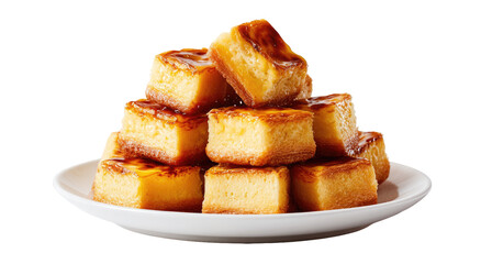 Stacked squares of golden, caramelized, custard-like dessert