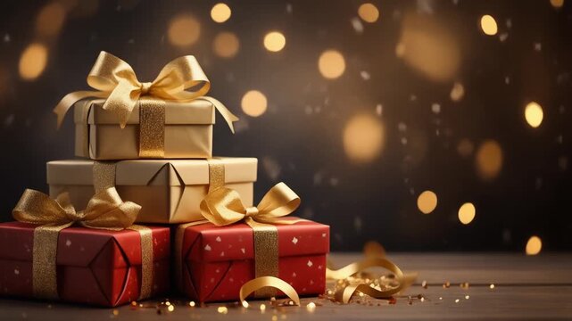 Golden gifts stack with red presents on table for holiday