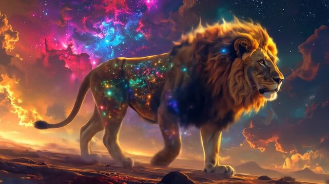Majestic Lion Infused With Cosmic Nebula Walking Across the Desert Landscape