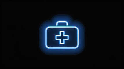 Blue neon first aid kit icon with a cross symbol on a black background, representing medical emergency and healthcare services