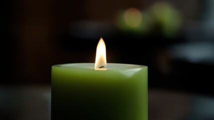 A green candle with a steady flame burns brightly in the foreground while the shallow depth of field keeps the backgroun