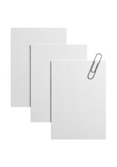 Three blank white vertical sheets of fine art paper with subtle creases and texture, a sleek silver paperclip nearby, against a seamless transparent background. Pristine product display concept