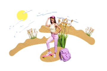 Composite photo collage of excited happy girl stand sand beach skate board backpack tourist vacation tropics isolated on painted background