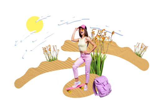 Composite photo collage of excited happy girl stand sand beach skate board backpack tourist vacation tropics isolated on painted background