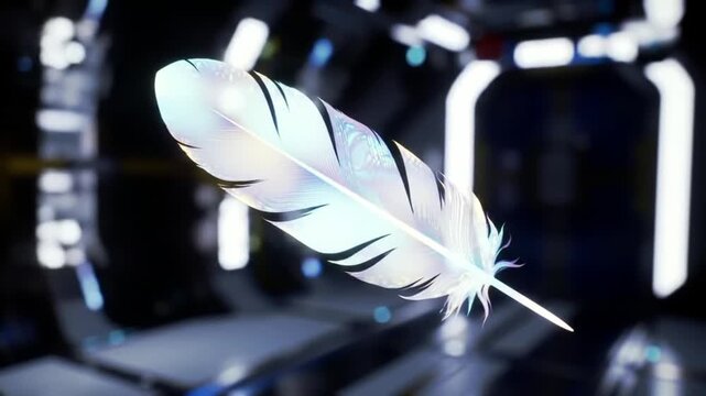 Floating white feather detail against futuristic technology background